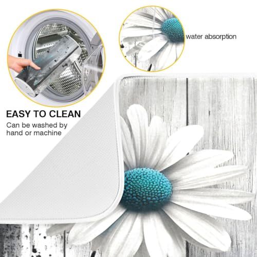 Daisy Flower Teal Butterfly Dish Drying Mat for Kitchen Counter Absorbent Microfiber Drying Pad
