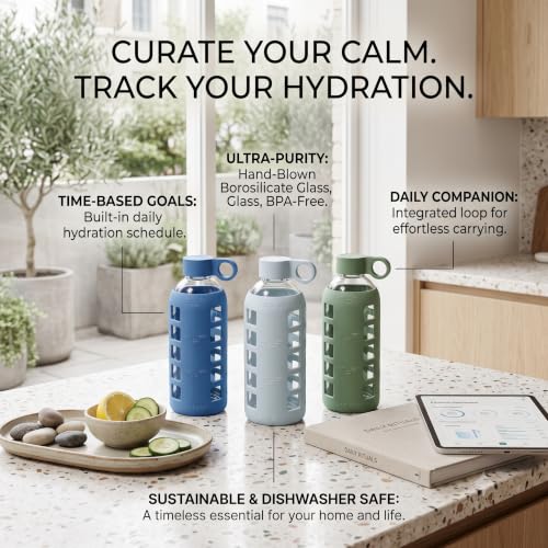 40oz / 32oz / 22oz / 12oz Borosilicate Glass Water Bottle with Time & Volume Markers, Silicone Sleeve, Stainless Steel Lid | Reusable Glass Bottle for Water & Juice (22oz Ice Blue)