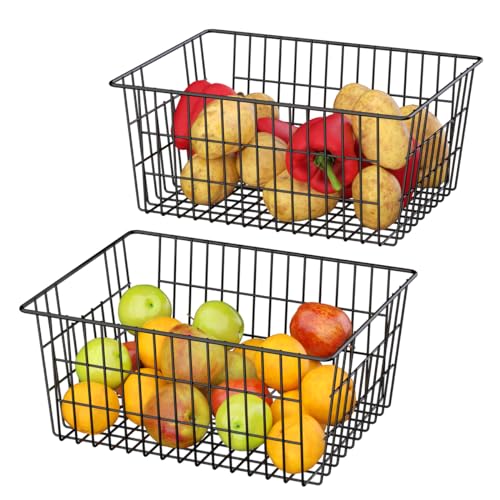 Freezer Baskets Metal Storage Organizer Bin Basket Wire Storage Basket for Kitchen Pantry Bathroom Large Metal Farmhouse Food Fruit Produce Organizer Bins (2 Count)