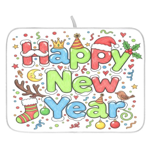 Cute Happy New Year Dish Drying Mat for Kitchen Counter Absorbent Microfiber Small Drying Pad Dish mats for Kitchen Countertops 16 x 18 Inch