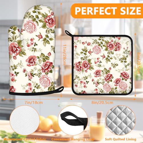 Red Rose Oven Mitts and Pot Holders Sets 4Pcs