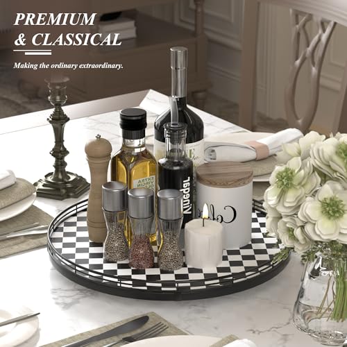 16 Inch Black and White Checkerboard Lazy Susan Decorative Tray