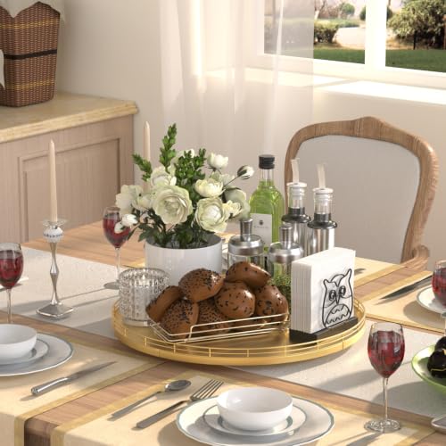 16 Inch Oak Lazy Susan Organizer with Gold Metal Rail