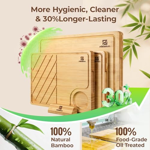 Bamboo Cutting Boards Set of 4 for Kitchen with Wood Storage Stand (3 Count)
