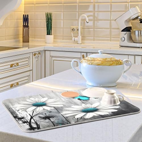 Daisy Flower Teal Butterfly Dish Drying Mat for Kitchen Counter Absorbent Microfiber Drying Pad