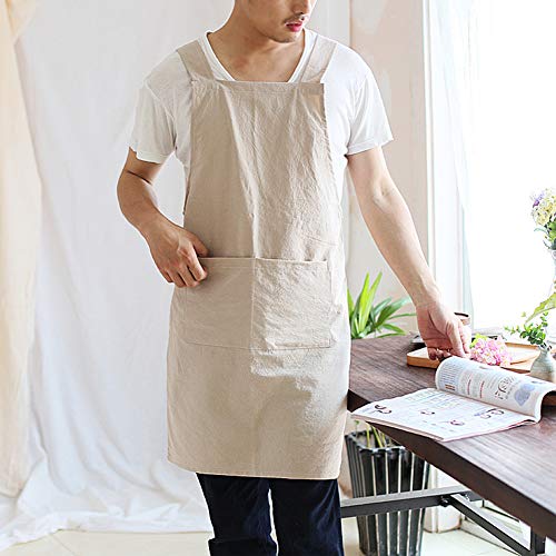 Japanese Linen Cross Back Kitchen Cooking Aprons for Men with Pockets for Baking Painting Gardening Cleaning Khaki