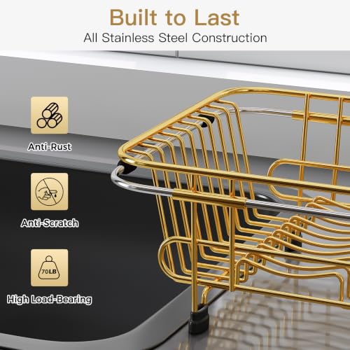 Gold Dish Drying Rack in Sink with Utensil Holder