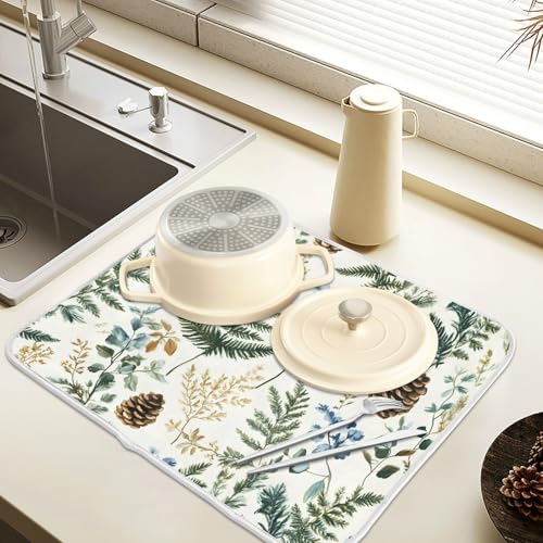 Vintage Herbs Fern Leaves Floral Plant02 Dish Drying Mat for Kitchen Counter Absorbent Microfiber Large Drying Pad Dish Mats for Kitchen Countertops 18 x 24 Inch