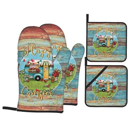Happy Camper Oven Mitts and Pot Holders Sets of 4