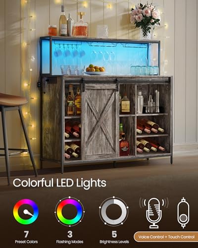 Coffee Bar Buffet Cabinet with LED Light and Power Outlet