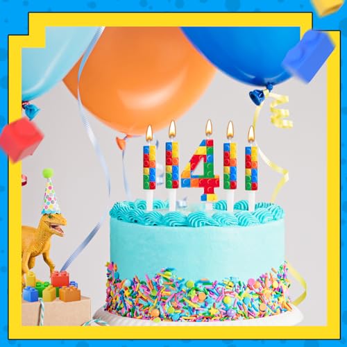 7 Pcs Building Block Themed Birthday Candles Set Building Blocks Number 4 Candle Cake Topper for Building Block Party Decoration Supplies (7 Count)