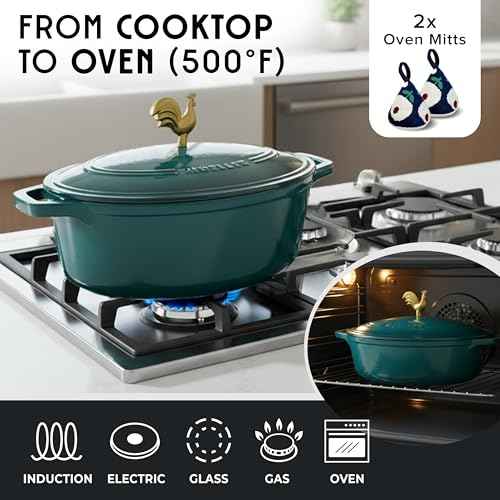 MUELLER HOME 5.5 Quart Enameled Cast Iron Oval Dutch Oven with Rooster Knob and Cotton Potholders