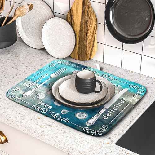 Blue Grey Dish Drying Mat 16x18 Inch Cooking Delicious Absorbent Drying Pad Heat Resistant Dish Drainer Mats for Kitchen Countertop