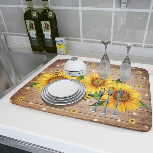 Sunflower Bee Dish Drying Mat for Kitchen Counter Home 18x24 Inch Wood Barn Microfiber Drainer Rack Mats Washable Absorbent Dish Dry Pad