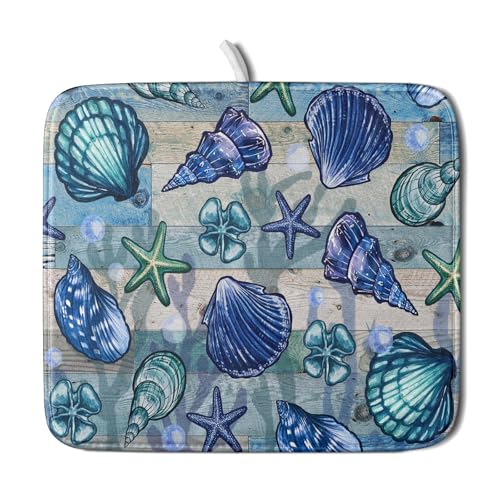 Starfish Seashell Dish Drying Mat 16x18 inch Coastal Beach Dish Drainer Rack Pad Absorbent Microfiber Fast Dry Kitchen Counter Accessories