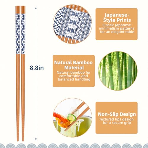 5 Pairs Natural Bamboo Chopsticks Reusable Classic Japanese Style Chop Sticks Gift Sets (5 Count)