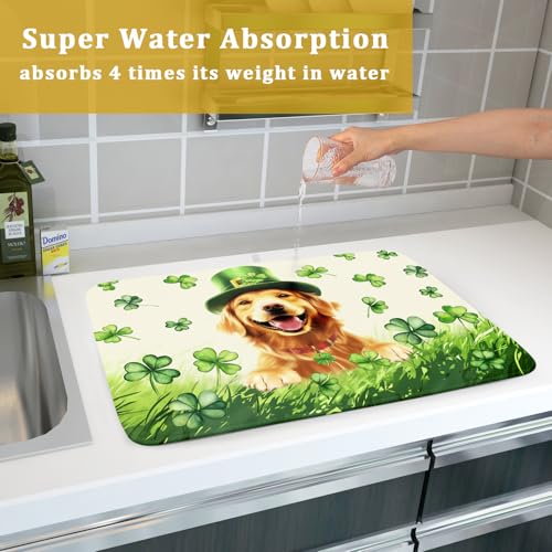 St Patrick's Day Dog Dish Drying Mat 18x24 inch Green Shamrock Dishes Pad Absorbent Microfiber Dish Drainer Mat for Kitchen Counter Coffee