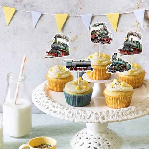 24Pcs Train Transportation Cupcake Toppers Vintage Locomotiv Cupcake Picks for Retro Train Boys Girls Birthday Party Baby Shower Cupcake Decorations Train Transportation Party Decors
