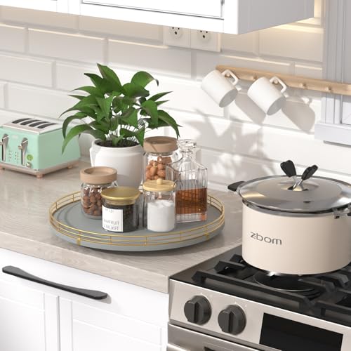13 Inch Gray Wooden Lazy Susan Spice Organizer with Gold Rail