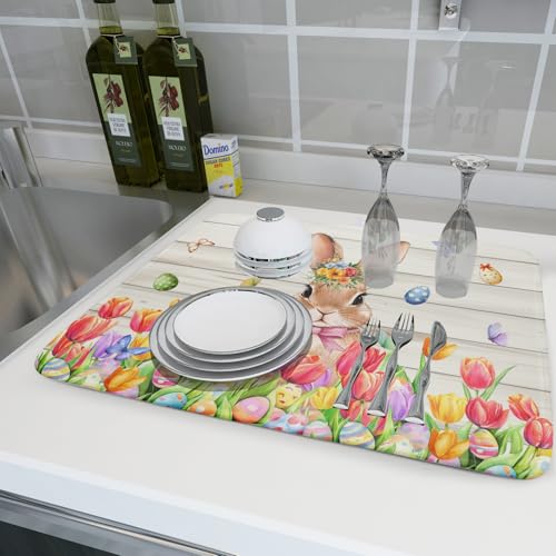 Easter Bunny Dish Drying Mat 18x24 inch Eggs Floral Fast Drying Pad Washable Reversible Microfiber Dish Drainer Mats for Kitchen Counter