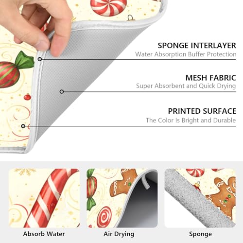 Christmas Gingerbread Cookie Man Sugar Dish Drying Mat for Kitchen Counter Absorbent Microfiber Large Drying Pad Dish Mats for Kitchen Countertops 18 x 24 Inch