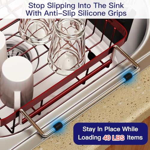 Red Expandable Dish Drying Rack Over Sink with Extra Drying Mat