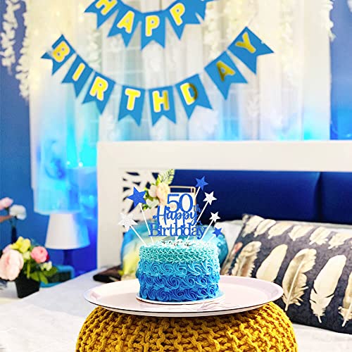 Royal Blue 50th Birthday Cake Topper with Glittery Stars (7 Count)