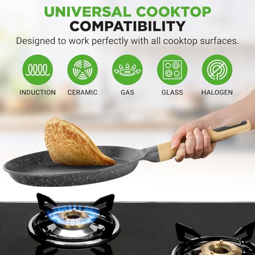 2-Pack Non-Stick Crepe Pan Set – 11” Marble Coated Dosa Pans with Wooden Spreaders, Bakelite and Wood Handles, Induction-Compatible, Easy-to-Clean, Stain-Resistant (Black Marble) (2 Count)
