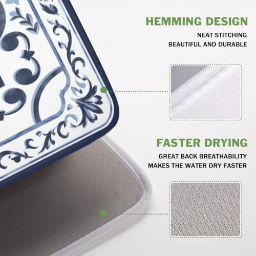 Navy Flower Dish Drying Mat Modern Boho Microfiber Dishes Drainer Pad 16x18 Inch Absorbent Fast Dry Dish Rack Mat for Kitchen Counter Sink