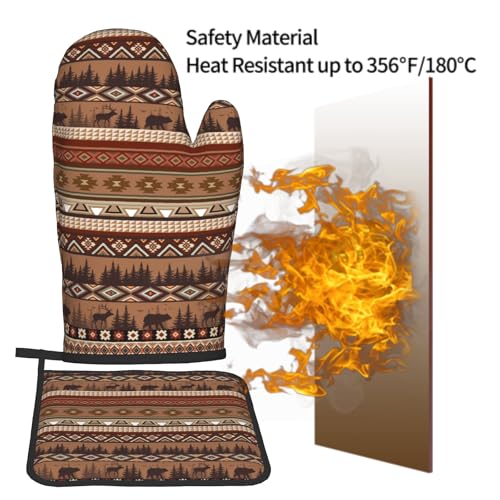 Rustic Bear Deer Oven Mitts and Pot Holder Sets Boho Ethnic Hot Pads Non