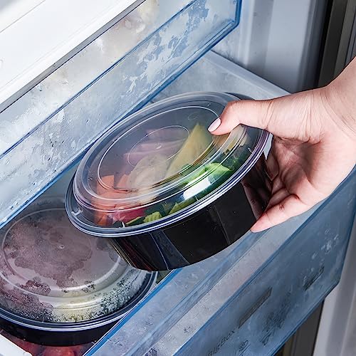 32 oz 150 ct Round Meal Prep Containers with Lids Plastic Food Storage Lunch Plan To Go Box Disposable Take Out Bowls Black BPA Free Reusable Durable Stackable Microwave Freezer Dishwasher Safe (150 Count)