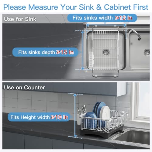 White Dish Drying Rack in Sink with Drainboard and Utensil Holder