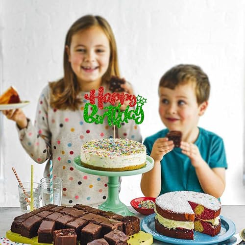 1Pcs Happy Birthday Cake Topper Glitter Happy Birthday Cake Pick for Christmas Theme Baby Shower Anniversary Party Decorations Supplies Red Green