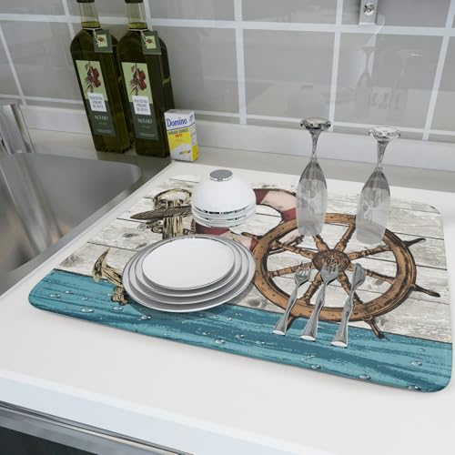 Nautical Anchor Dish Drying Mat 18x24 inch Coastal Boat Fast Dry Microfiber Reversible Dish Drainer Pad Kitchen Countertop Tabletop Decor