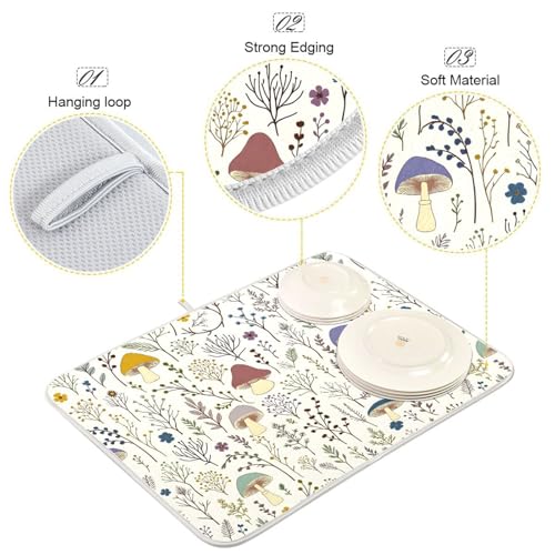 Cute Mushroom Wild Plant Dish Drying Mat for Kitchen Counter Absorbent Microfiber Drying Pad