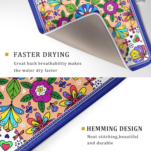 Mexican Talavera Dish Drying Mat Navy Blue Large Microfiber Dish Drain Pad for Kitchen Decor 18 x 24 In