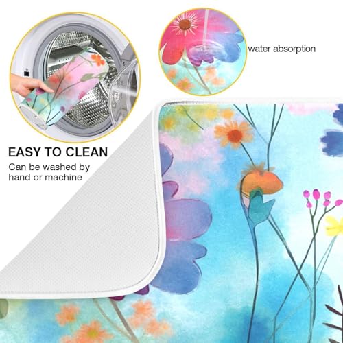 Colorful Flowers Blue Dish Drying Mat for Kitchen Counter Absorbent Microfiber Drying Pad