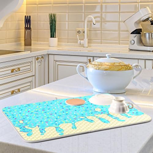 Teal Blue Ice Cream Dish Drying Mat for Kitchen Counter Absorbent Microfiber Drying Pad