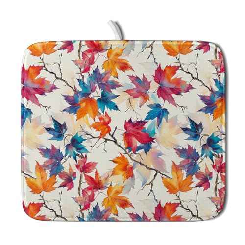 Maple Leaf Dish Drying Mat Fall Autumn Colorful Leaves Absorbent Dish Drain Mats for Holiday Season Kitchen Decoration