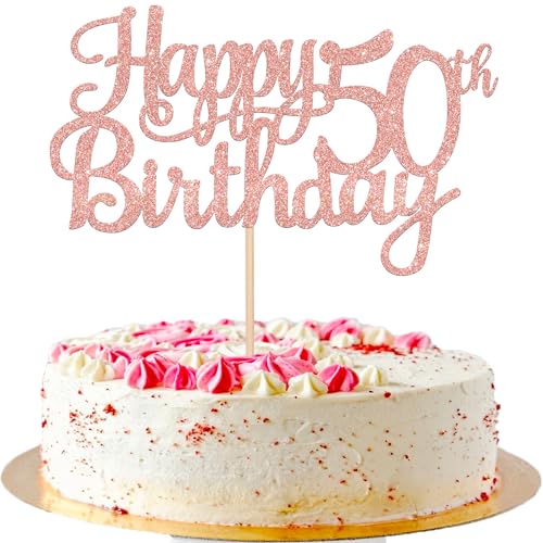 1 PCS Happy 50th Birthday Cake Topper Glitter Cheers to 50 Years Birthday Cake Pick 50 Fabulous Cake Decoration for Happy 50th Birthday Anniversary Party Decorations Supplies Rose Gold