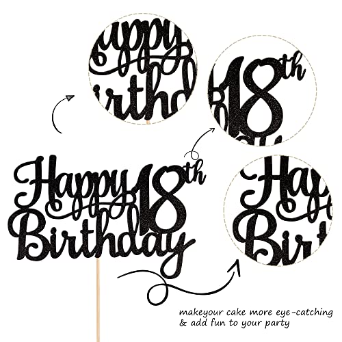 1 PCS Happy 18th Birthday Cake Topper Glitter Cheers to 18 Years Birthday Cake Pick 18 Fabulous Cake Decoration for Happy 18th Birthday Theme Party Decorations Supplies Black