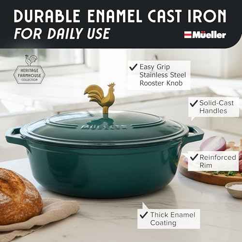 MUELLER HOME 5.5 Quart Enameled Cast Iron Oval Dutch Oven with Rooster Knob and Cotton Potholders