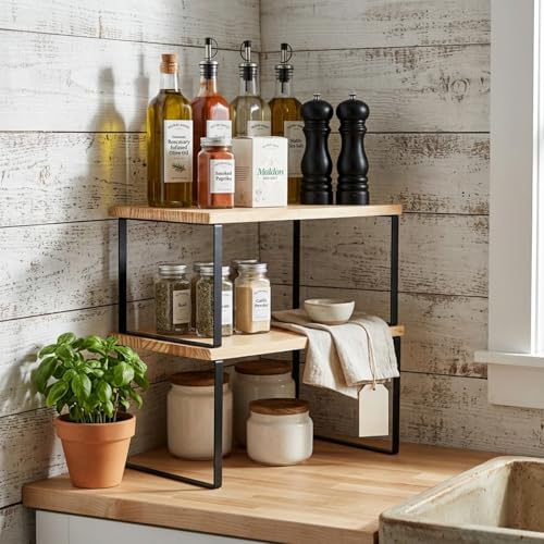 Large Cabinet Shelf Organizers Solid Wood Spice Rack Organizer for Cabinet Kitchen Countertop Storage (2 Set)