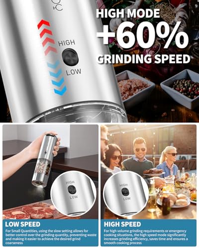 Rechargeable Salt and Pepper Grinder Set Stainless Steel Electric Pepper Grinders with Variable Grinding Speed