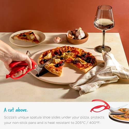 Scizza 2-In-1 Easy Ergonomic Pizza Scissors with Stainless Steel Pizza Cutter Blades & Non-Stick Slice Server - Black