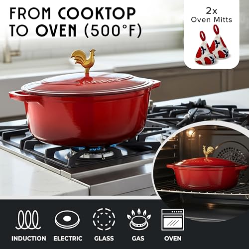 MUELLER HOME 5.5 Quart Enameled Cast Iron Oval Dutch Oven w Rooster Knob & Cotton Potholders