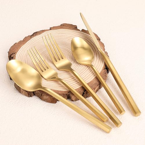 Matte Silverware Set Gold Flatware Set with Hexagon Handle 20 Pieces 18 (20 Count)