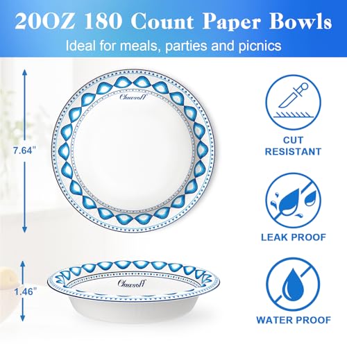 20 oz 180 Pack Paper Bowls Bulk Heavy Duty Disposable Bowls Blue (180 Count)