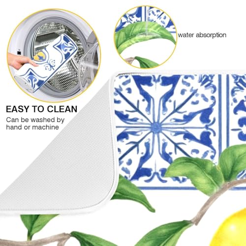 Lemon Blue Tiles Dish Drying Mat for Kitchen Counter Absorbent Microfiber Drying Pad