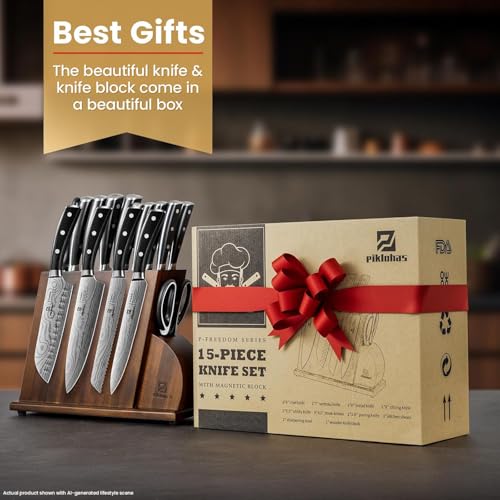 15 PC Magnetic Knife Sets for Kitchen with Block (15 Count)